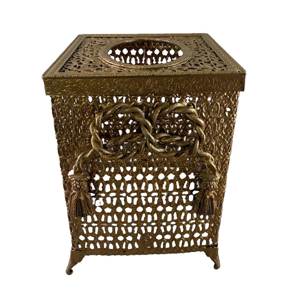 Vintage Hollywood Regency Gold Filigree Tassel Tissue Box Holder Cover Ornate
